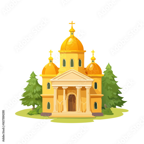 Cartoon golden church with dome roofs and crosses. Religious architecture surrounded by trees.