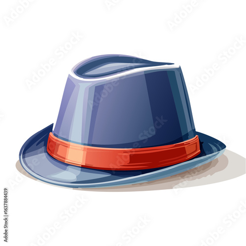 Cartoon blue fedora style hat with an orange band, vintage fashion accessory illustration on a black background