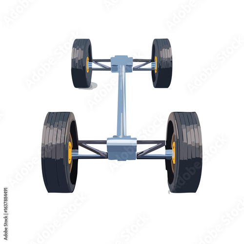 Car Chassis with Four Wheels and Metallic Frame on Black Background Vehicle Underside