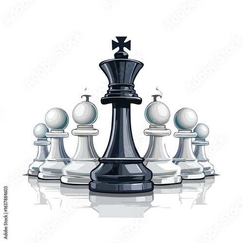 Chess king surrounded by pawns illustration leadership strategy teamwork vector game piece black background