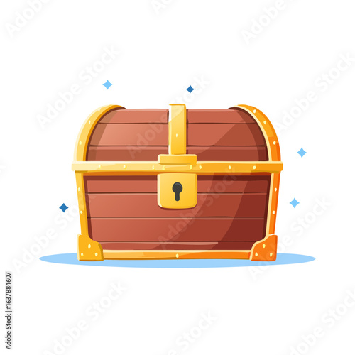 Wooden Treasure Chest Illustration Cartoon Style Old Pirate Box with Gold Accents and Keyhole Lock