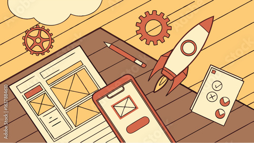 Flatlay Illustration of Startup Planning with Rocket Gears and Mobile App Design Mockup.