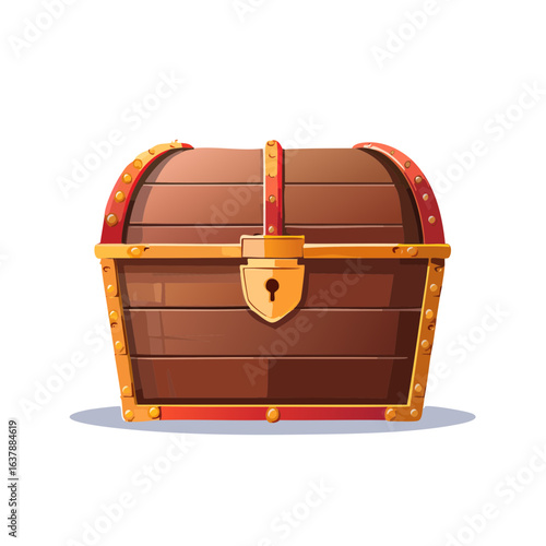 Wooden treasure chest with golden details and a keyhole illustration in cartoon style