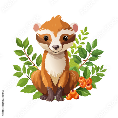 Cute Cartoon Ferret with Green Leaves and Berries on Black Background Illustration