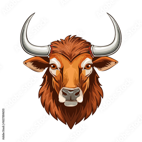 Bull head illustration detailed brown bovine with silver horns against black background