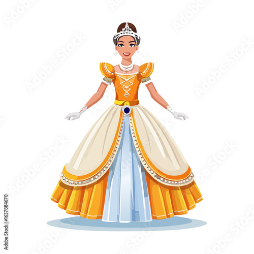 Elegant woman wearing golden ball gown, tiara, and gloves. Royalty costume, dress, cartoon style illustration, concept of beauty and grace
