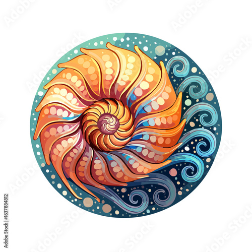 Abstract nautilus shell with swirling water and circular design element vector