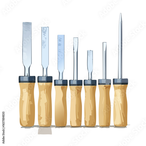 Set of wood chisels with wooden handles. Carpentry hand tools for woodworking craft. Vector illustration of woodcraft instruments.