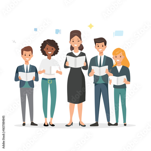 Diverse Group Singing Together Holding Songbooks Cartoon Illustration