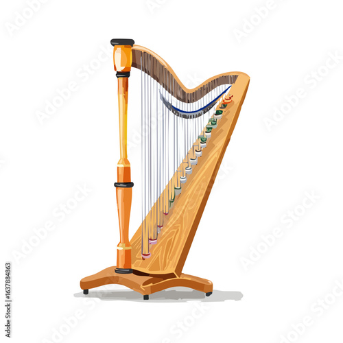 Isolated illustration of a light wood harp on a black background with strings and tuning pins.
