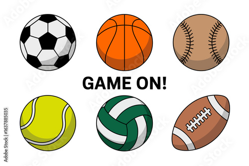 Game on sports ball icons, soccer basketball baseball tennis vector, athletic equipment illustration, team game collection, active sports design