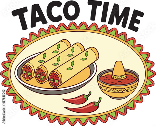 Whimsical Taco Time Vector Illustration Featuring Rolled Tacos, Salsa, Peppers, and Playful Lettering on a Colorful Decorative Plate