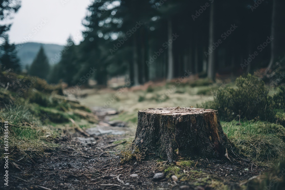 Fototapeta premium Forest Path With Stump In Woodland