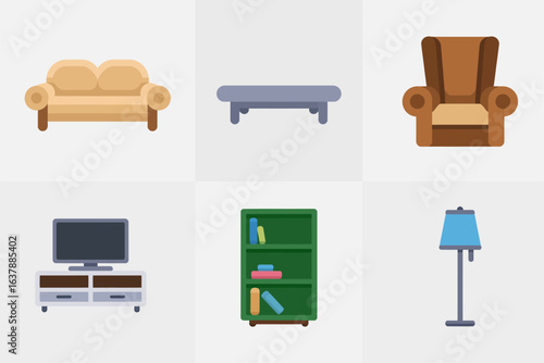 Living room furniture icon set, sofa armchair table vector, home interior illustration, modern furniture collection, cozy room design