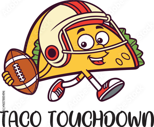 Whimsical Taco Touchdown Cartoon with Football Helmet and Ball, Showcasing Playful Sports and Culinary Fusion, Humorous Food Vector Illustration