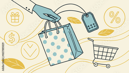 Hand holding a polka dot shopping bag with retail icons.