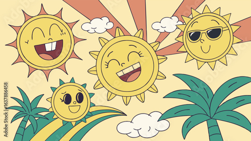 Four Cartoon Suns with Sunglasses and Smiling Faces.