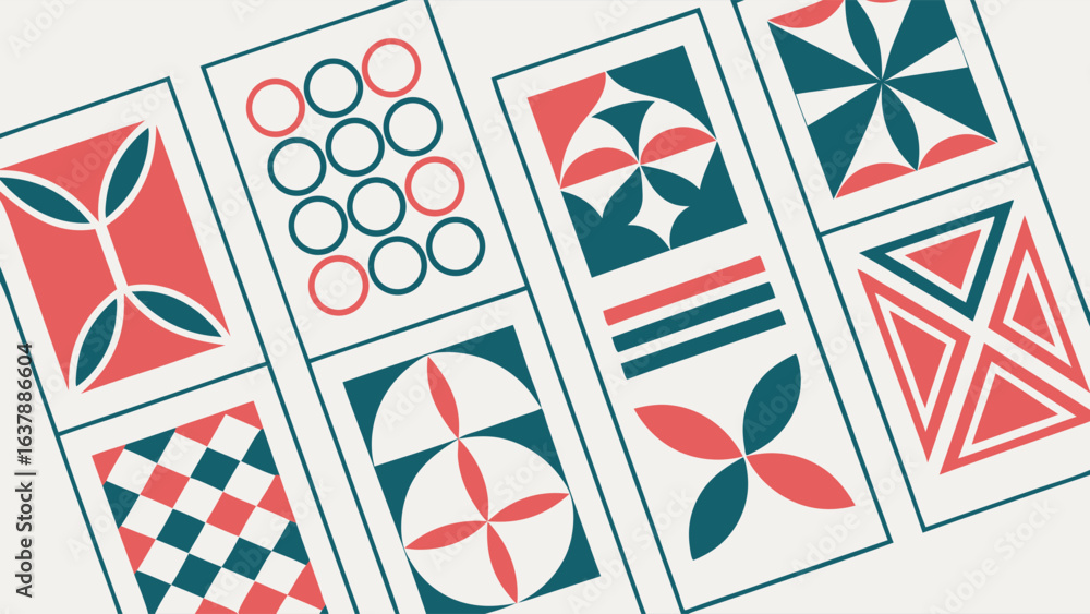 Obraz premium Geometric Pattern Featuring Circles Triangles Squares and Floral Motifs.