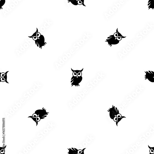 Seamless pattern of repeated black owl symbols. Elements are evenly spaced and some are rotated. Illustration on transparent background