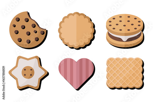 Heart and star cookie icons, biscuit and sandwich cookie vector, sweet dessert illustration, bakery snack collection, tasty treat design