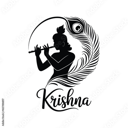 Silhouette of Krishna playing flute with peacock feather and text for Krishna Logo