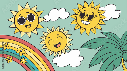 Happy Sun Faces Rainbow and Palm Tree Design.