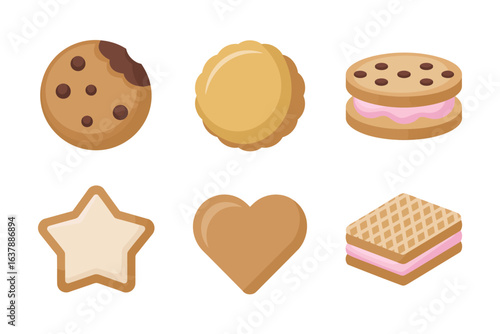Round and sandwich cookie icons, biscuit and wafer vector, sweet dessert illustration, bakery snack collection, tasty treat design