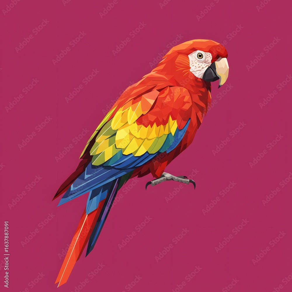 Fototapeta premium A vibrant scarlet macaw illustration featuring a geometric, low-poly design against a solid background