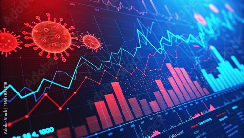 Digital chart showing virus cells and rising statistics in modern 3D style