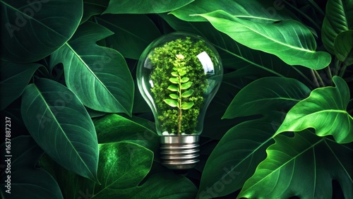 Green eco light bulb with plant inside surrounded by tropical leaves