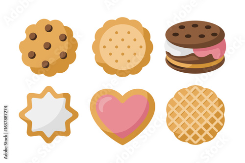 Chocolate chip cookie icons, biscuit and sandwich cookie vector, sweet dessert illustration, bakery snack collection, tasty treat design