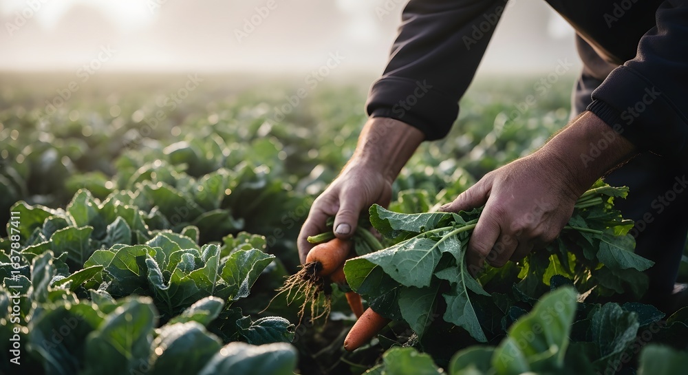 Fototapeta premium Farmer Hands Harvesting Fresh Organic Carrots in Morning Light
