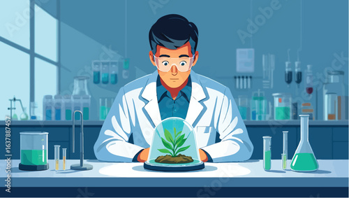 Scientist in a laboratory researching plant growth and biotechnology.