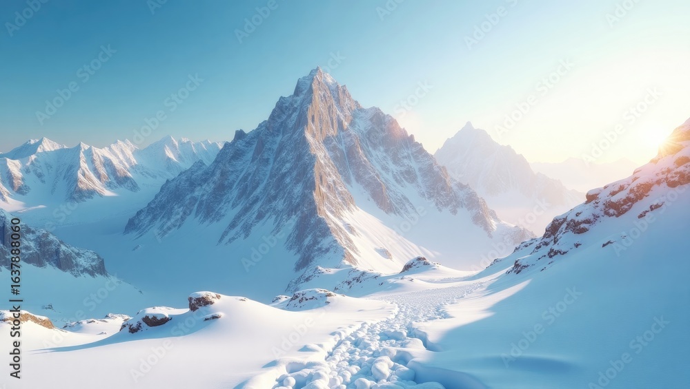 Fototapeta premium Snowy mountain range panorama at sunrise.