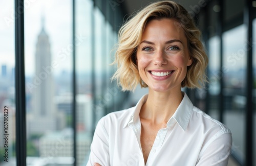 Woman smiling confidently in a modern office environment with large windows and natural light Free Download Woman smiling confidently in a modern office environment with large windows and natural light - GFXLoad