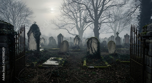 A foggy graveyard with old tombstones covered in ivy and a wrought iron gate in the foreground view ai generated