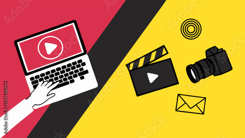 Laptop Film Clapperboard Camera and Envelope Icons.