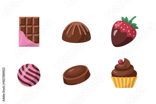 Chocolate and cupcake icon set, sweet candy vector, chocolate bar and strawberry illustration, dessert treat collection, confectionery design