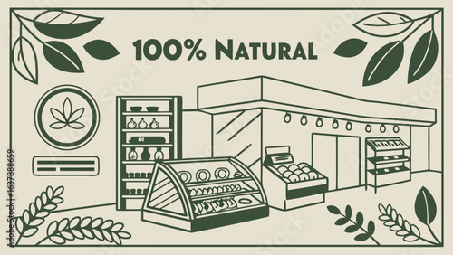 Natural Grocery Store Illustration with 100 Natural Signage.
