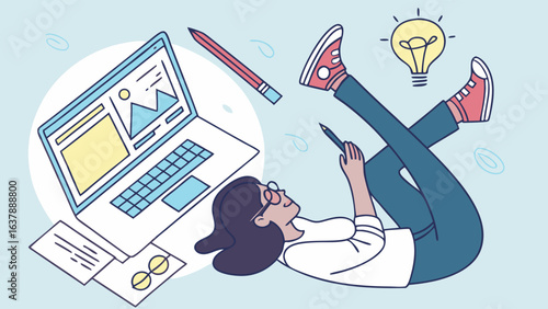 Illustrated woman with laptop pencil lightbulb and documents.