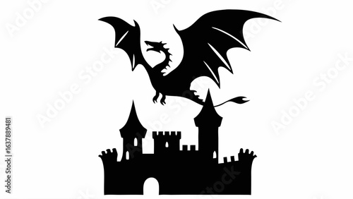 Black silhouette of a dragon flying above a castle with towers and battlements on a white background