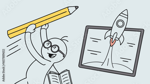 Joyful Cartoon Character Launching Rocket with Giant Pencil.