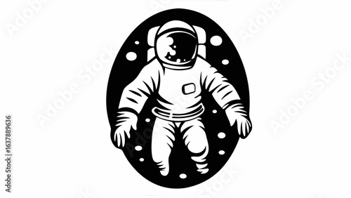 Illustration of an astronaut in a spacesuit floating in space against a black oval background with dots silhouette