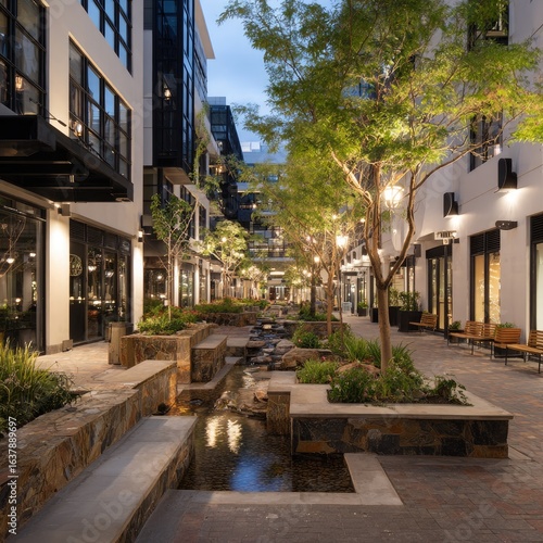 Urban plaza at twilight, featuring landscaping, shops, and modern architecture