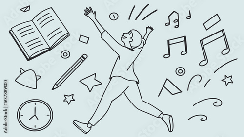 Line Art Illustration of a Person Jumping with School and Music Elements.
