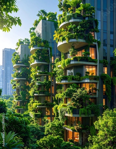 Lush greenery envelops modern high-rise buildings, creating a harmonious blend of nature and urban architecture