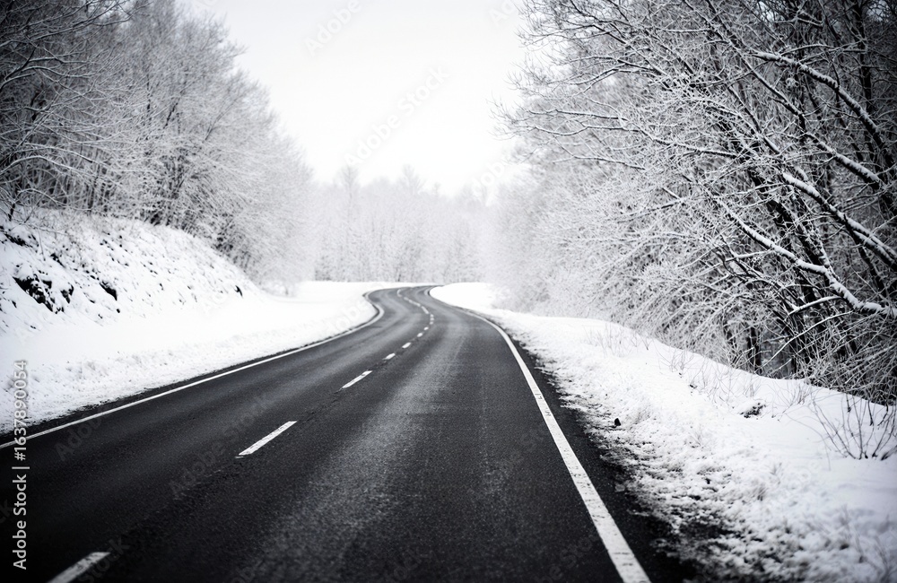 Obraz premium Snow-covered winding road surrounded by frosted trees on a winter day