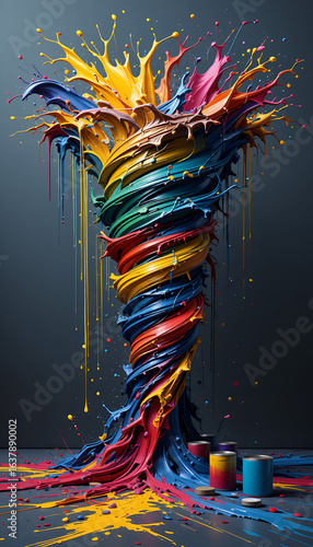 Colorful Paint Tornado Splashing and Swirling in a Dynamic Abstract Vortex on a Dark Gray Background