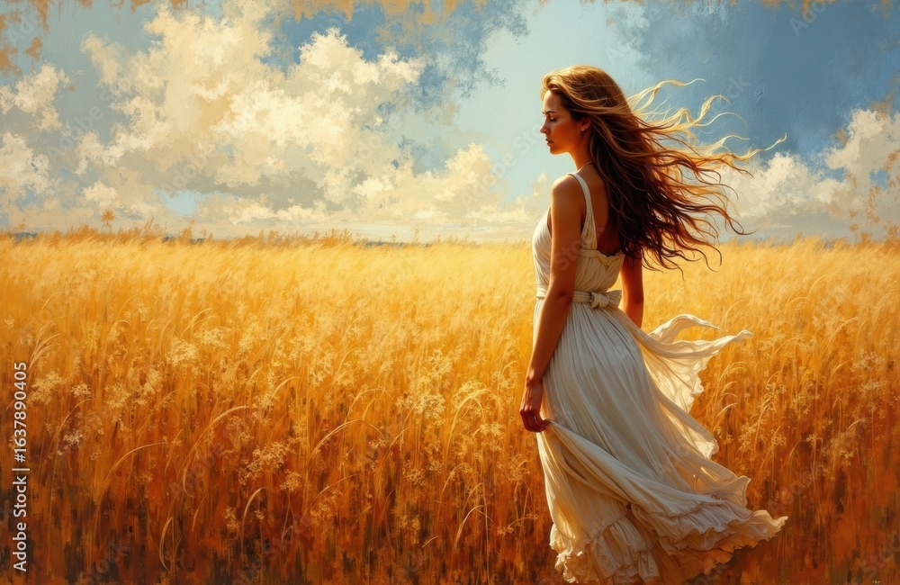 Naklejka premium Woman standing in a golden wheat field under a partly cloudy sky