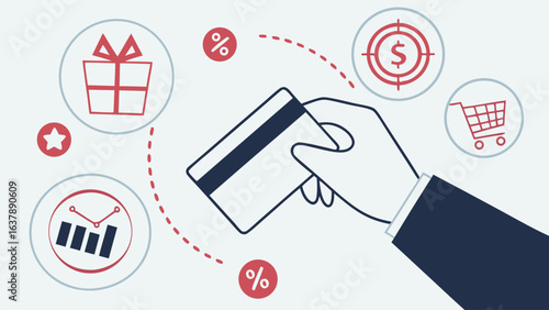 Online Shopping Payment Process Hand Holding Credit Card with Icons.